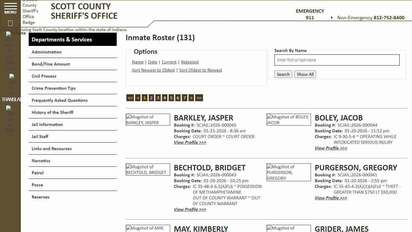 Inmate Roster - Current Inmates Booking Date Descending - Scott County Sheriff - Scottsburg, IN